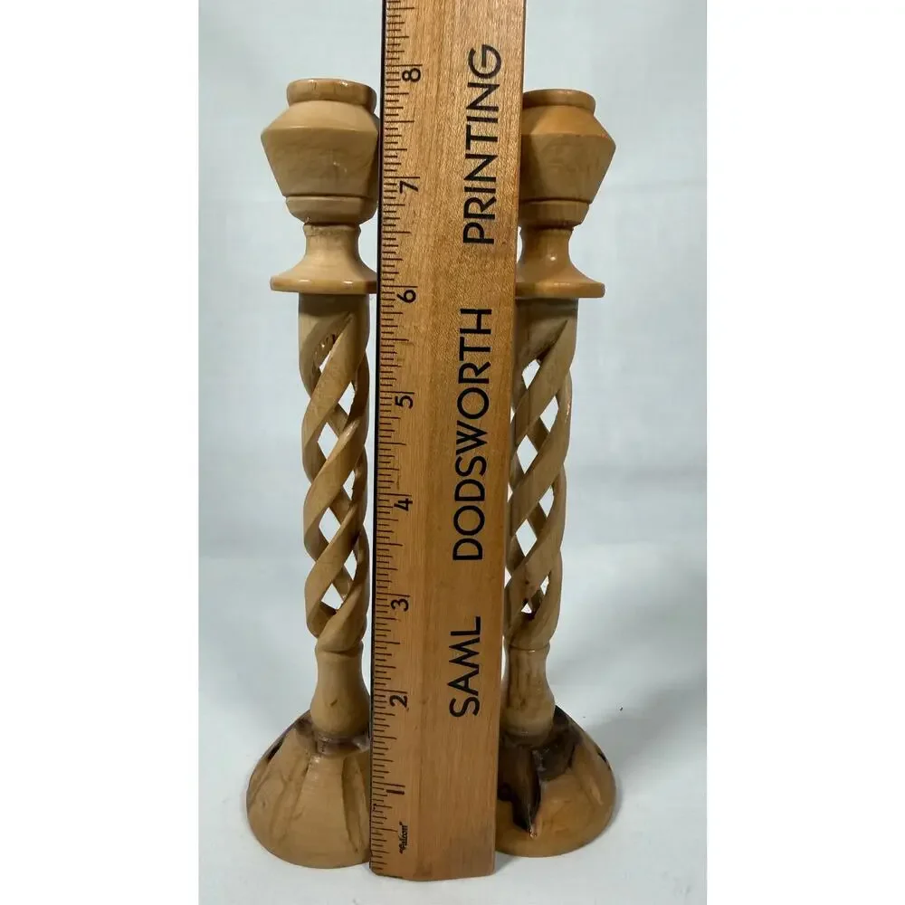 8Vintage Olive Wood Candlesticks Hand Carved Spiral Twist Pair MCM 60s 70s